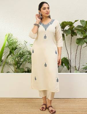Off white color silk blend embroidery long kurta 1
