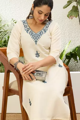 Off white color silk blend embroidery long kurta