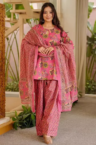 Pink color elegant cotton silk printed palazzo dress for festive season