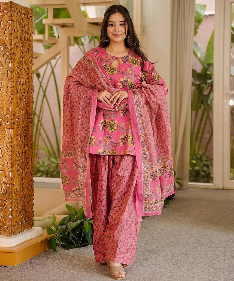 Pink color elegant cotton silk printed palazzo dress for festive season