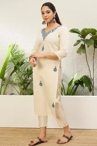 Off white color silk blend embroidery long kurta