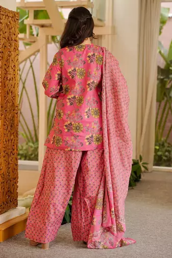 Pink color elegant cotton silk printed palazzo dress for festive season