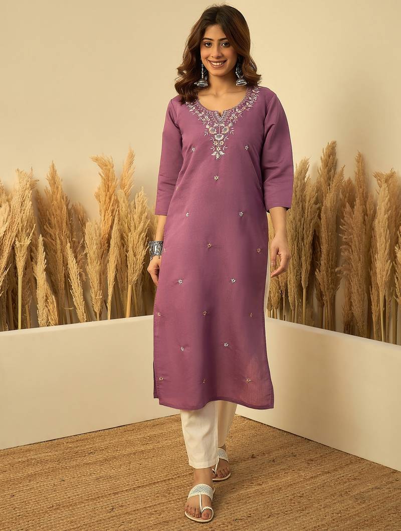 Lavender color silk blend embroidery long kurta