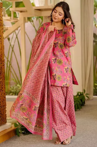 Pink color elegant cotton silk printed palazzo dress for festive season