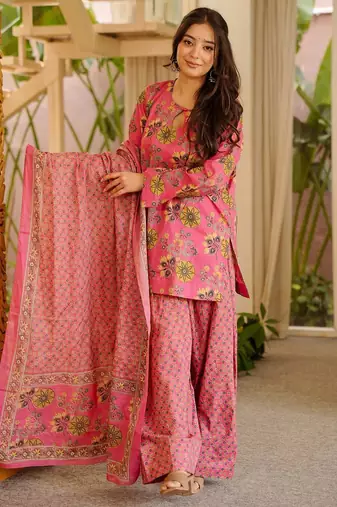 Pink color elegant cotton silk printed palazzo dress for festive season