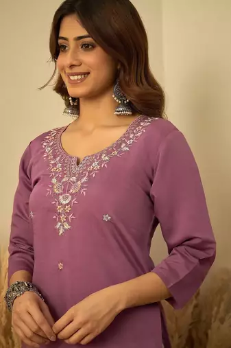 Lavender color silk blend embroidery long kurta