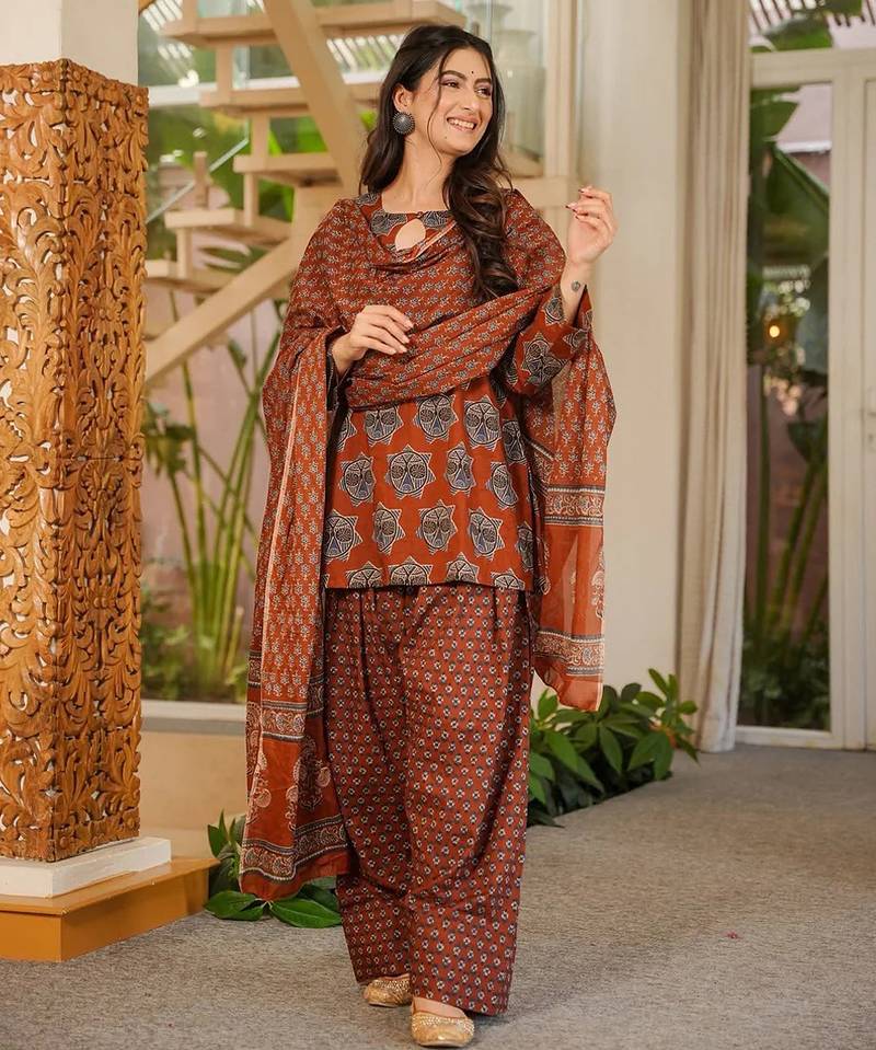 Red color elegant cotton silk printed palazzo dress for festive season