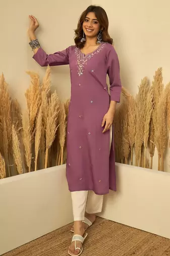 Lavender color silk blend embroidery long kurta