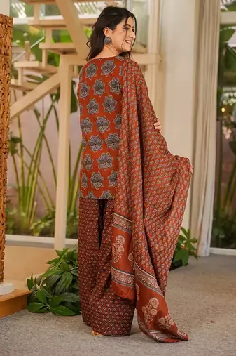 Red color elegant cotton silk printed palazzo dress for festive season