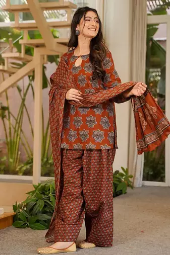 Red color elegant cotton silk printed palazzo dress for festive season