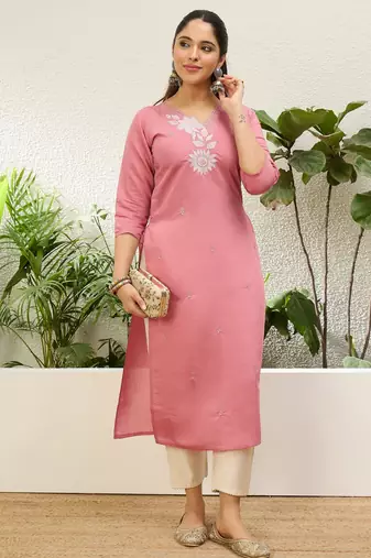 Baby pink color silk blend embroidery long kurta