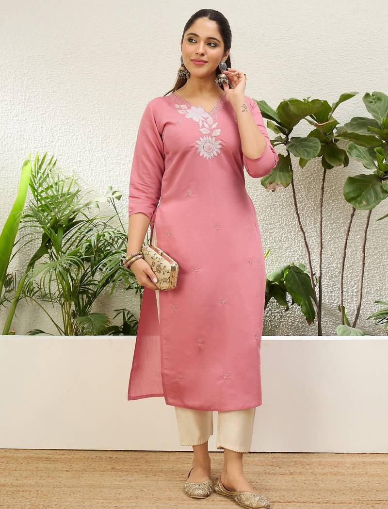 Baby pink color silk blend embroidery long kurta