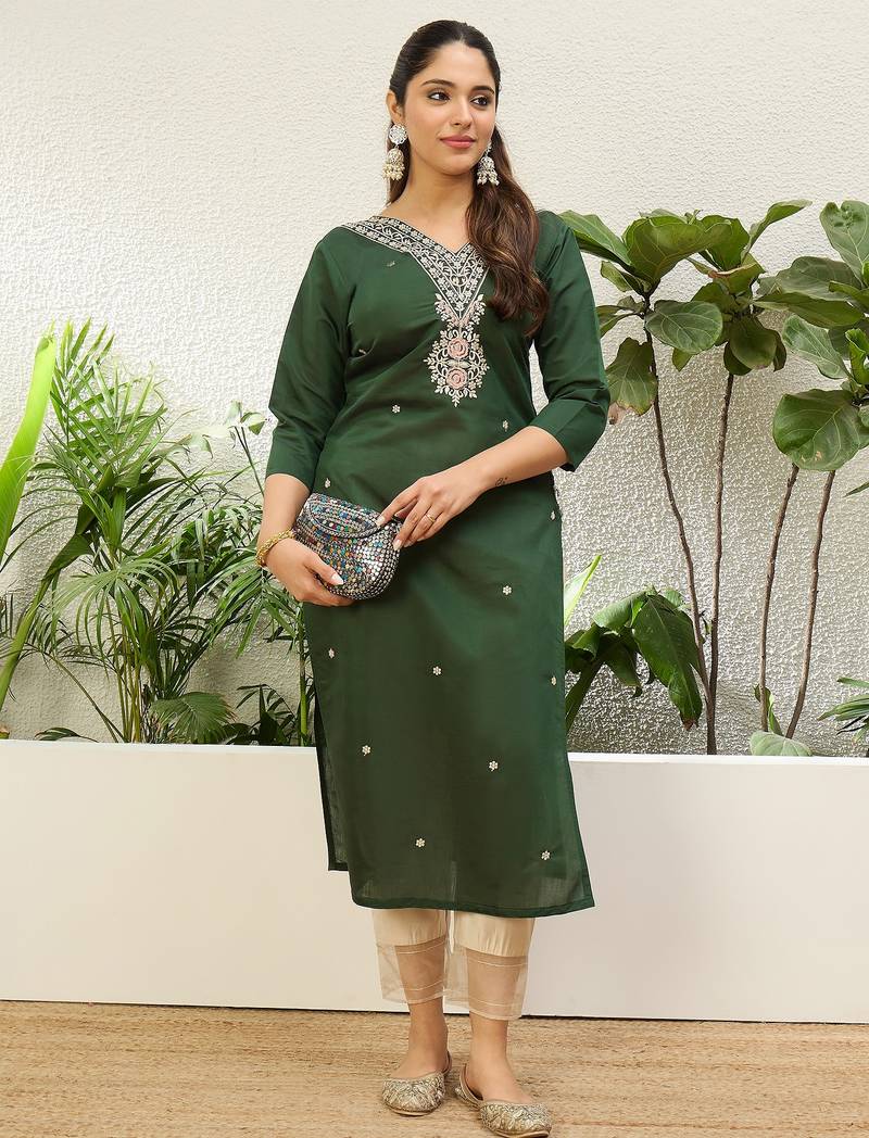 Green color silk blend embroidery long kurta
