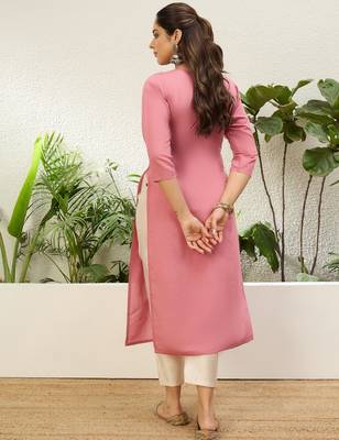 Baby pink color silk blend embroidery long kurta 2