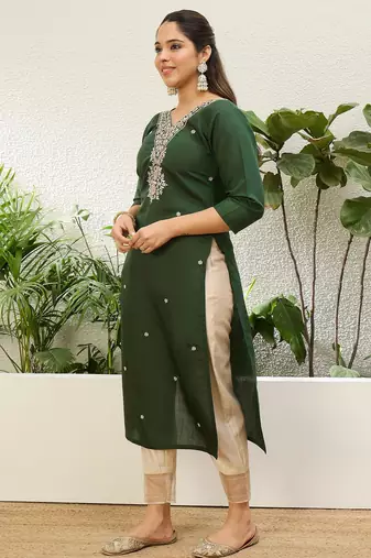 Green color silk blend embroidery long kurta