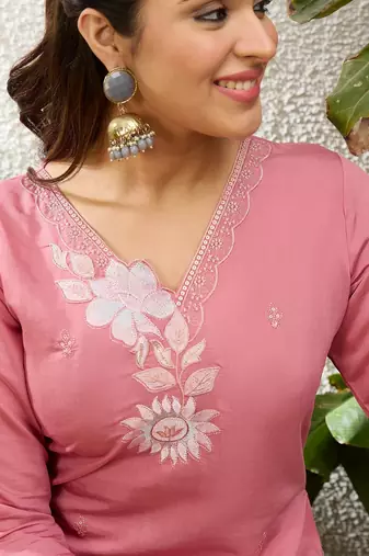 Baby pink color silk blend embroidery long kurta