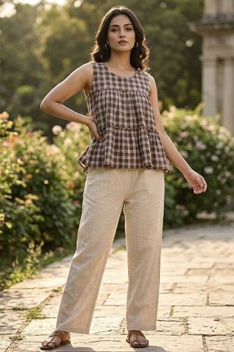 Brown color linen cotton top bottom set for graceful formal attire
