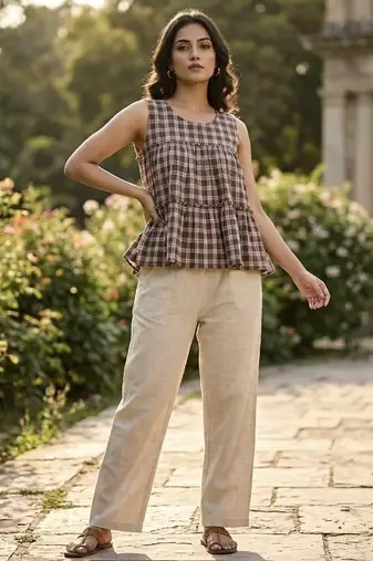 Brown color linen cotton top bottom set for graceful formal attire
