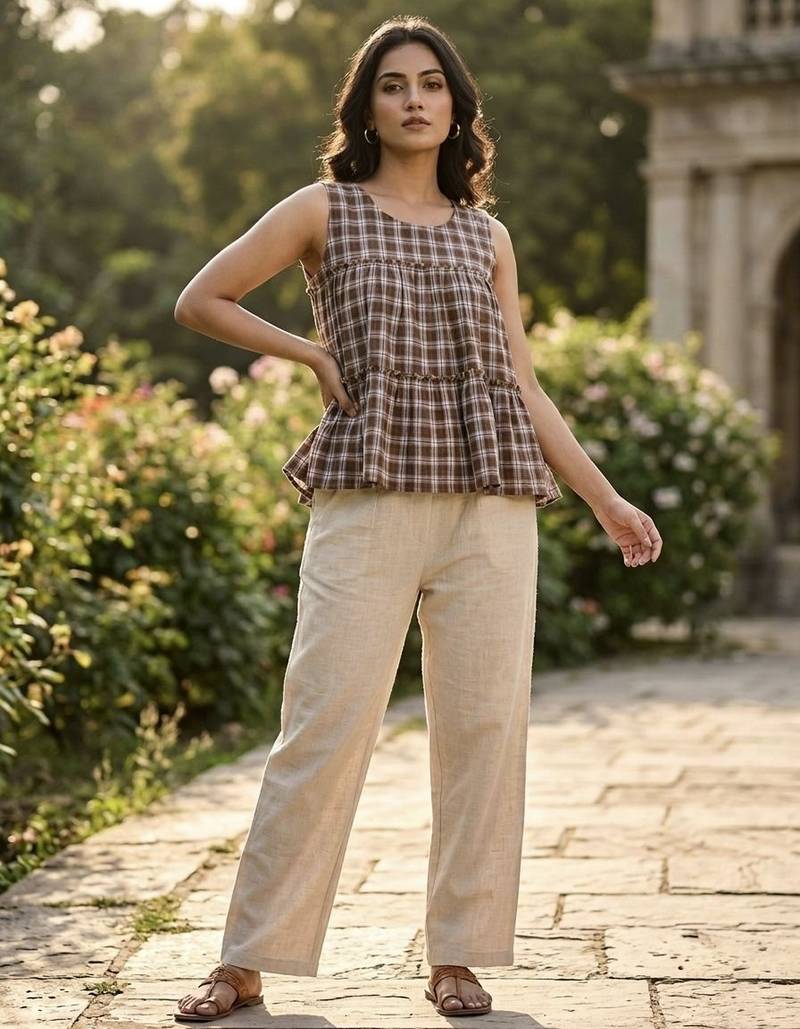 Brown color linen cotton top bottom set for graceful formal attire