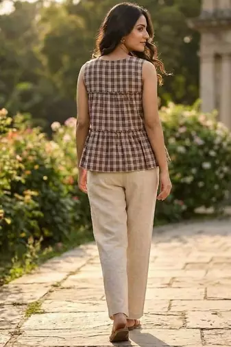 Brown color linen cotton top bottom set for graceful formal attire