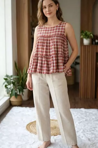 Maroon color linen cotton top bottom set for graceful formal attire