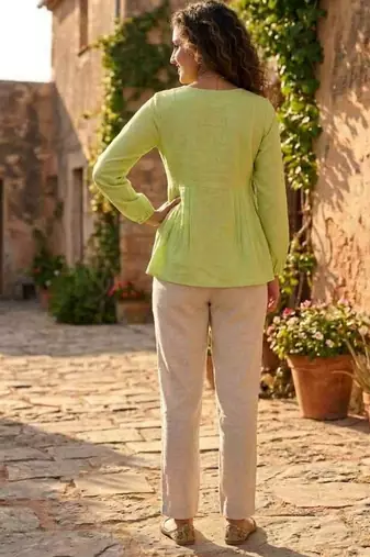 Parrot green color linen cotton top bottom set for graceful formal attire