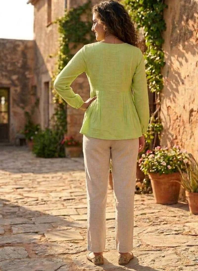 Parrot green color linen cotton top bottom set for graceful formal attire