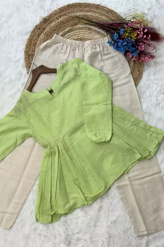 Parrot green color linen cotton top bottom set for graceful formal attire