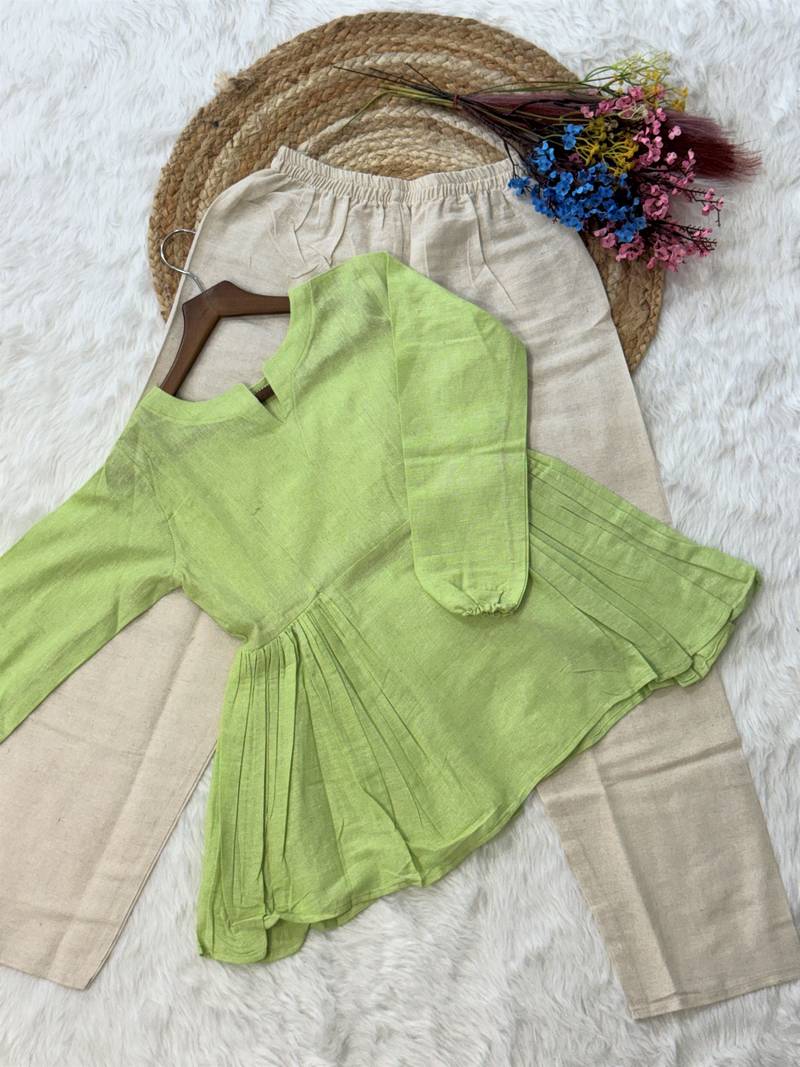 Parrot green color linen cotton top bottom set for graceful formal attire