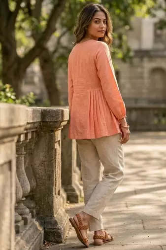 Peach color linen cotton top bottom set for graceful formal attire