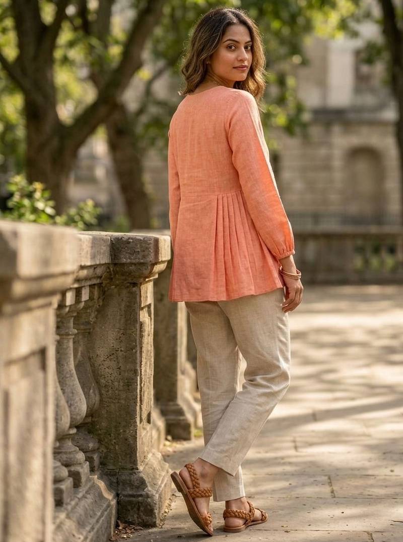 Peach color linen cotton top bottom set for graceful formal attire