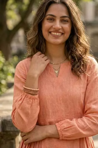 Peach color linen cotton top bottom set for graceful formal attire