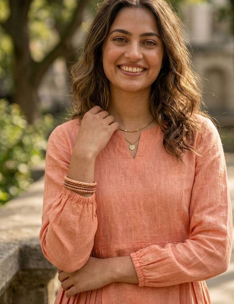 Peach color linen cotton top bottom set for graceful formal attire