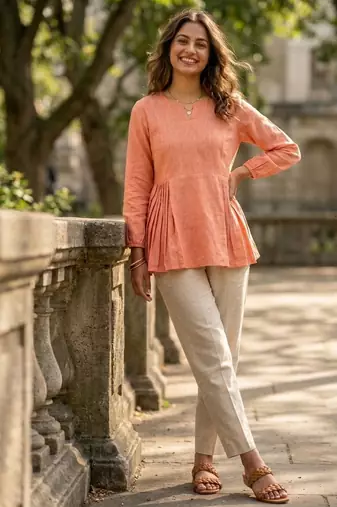 Peach color linen cotton top bottom set for graceful formal attire