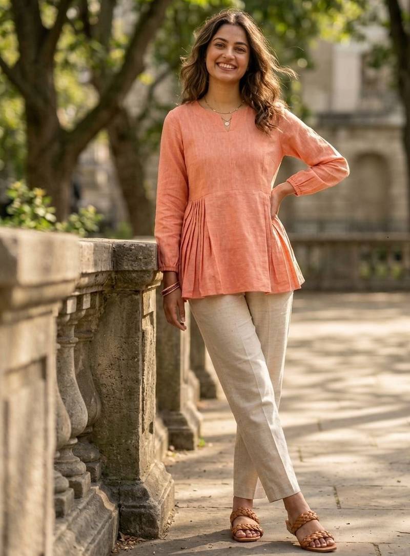 Peach color linen cotton top bottom set for graceful formal attire