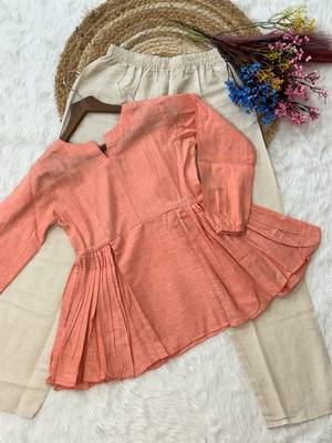 Peach color linen cotton top bottom set for graceful formal attire 5