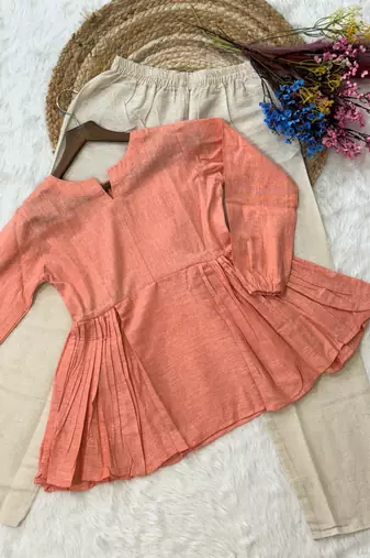 Peach color linen cotton top bottom set for graceful formal attire