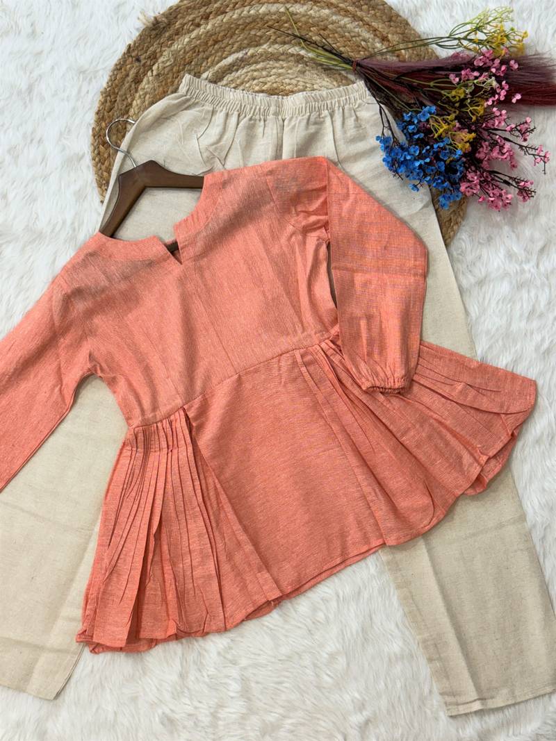 Peach color linen cotton top bottom set for graceful formal attire