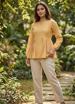 Yellow color linen cotton top bottom set for graceful formal attire 1