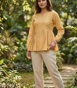Yellow color linen cotton top bottom set for graceful formal attire