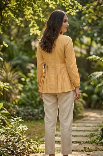 Yellow color linen cotton top bottom set for graceful formal attire