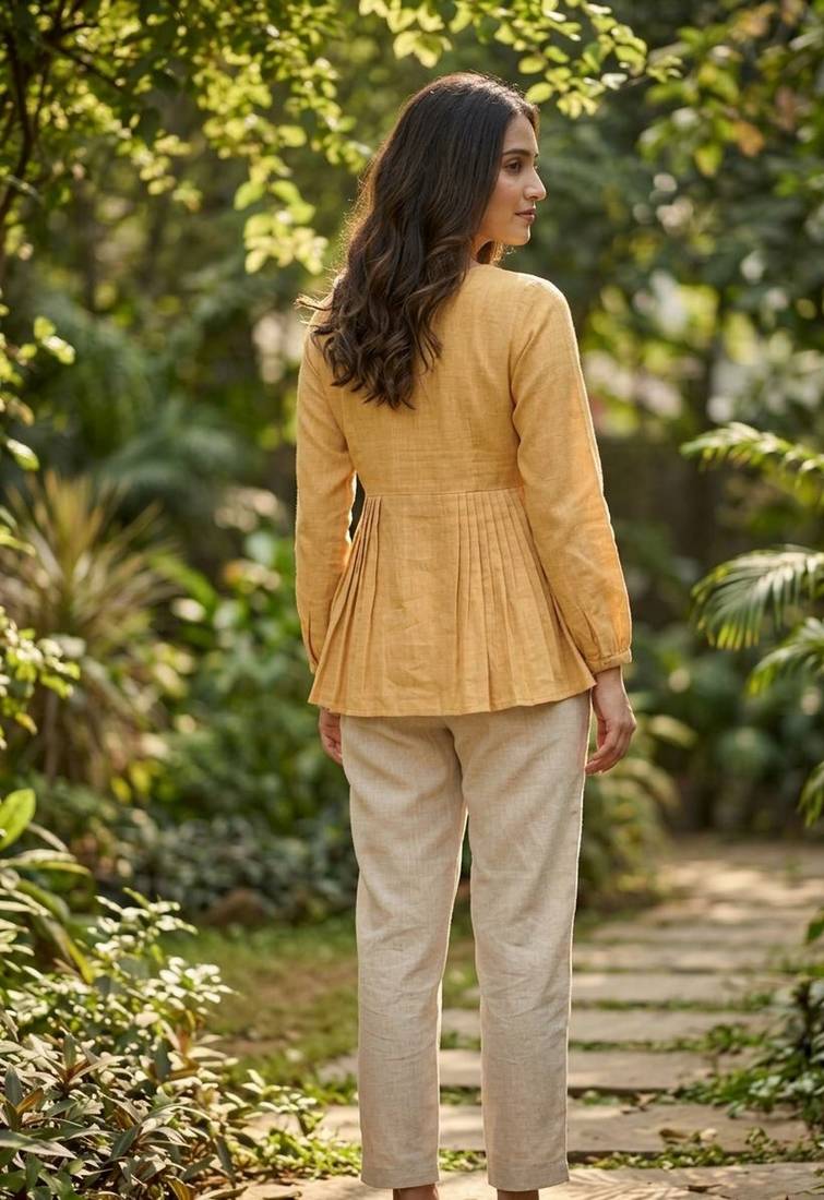 Yellow color linen cotton top bottom set for graceful formal attire