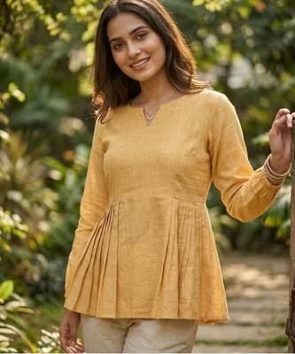 Yellow color linen cotton top bottom set for graceful formal attire 3