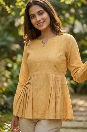 Yellow color linen cotton top bottom set for graceful formal attire