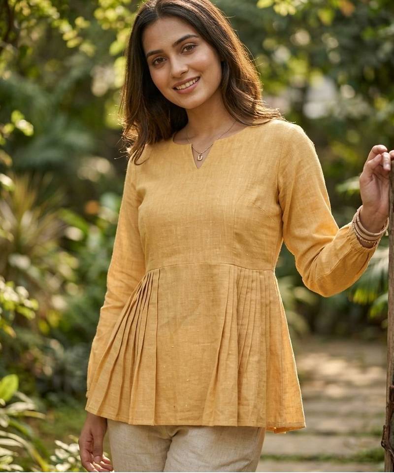 Yellow color linen cotton top bottom set for graceful formal attire