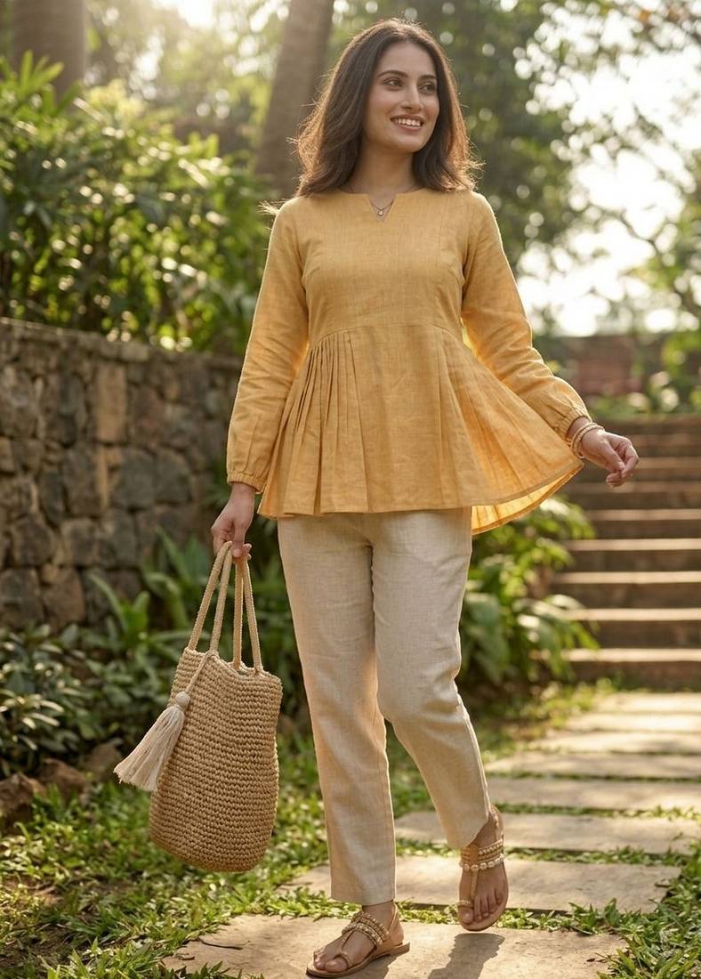 Yellow color linen cotton top bottom set for graceful formal attire