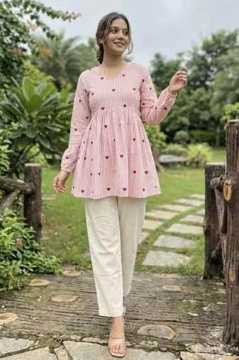Pink color linen cotton top bottom set for graceful formal girlie attire