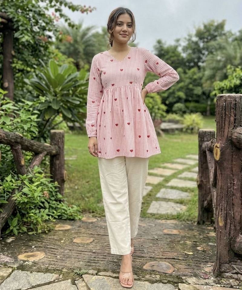 Pink color linen cotton top bottom set for graceful formal attire