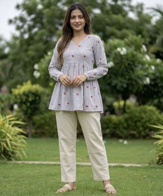 Sky blue color linen cotton top bottom set for graceful formal attire 1
