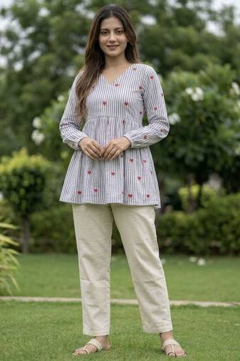 Sky blue color linen cotton top bottom set for graceful formal attire